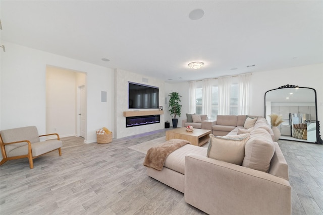 living room featuring a fireplace and light hardwood / wood-style floors