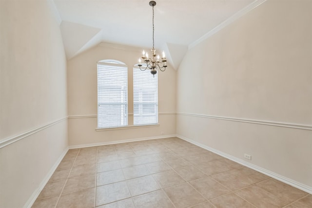 tiled spare room featuring an inviting chandelier, lofted ceiling, and crown molding