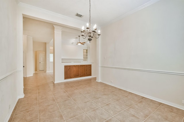 unfurnished room featuring ornamental molding, a chandelier, and light tile patterned floors