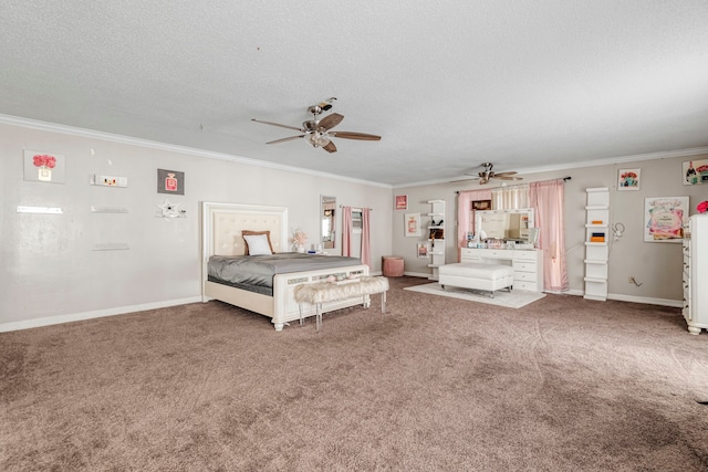 unfurnished bedroom with crown molding, ceiling fan, carpet floors, and a textured ceiling