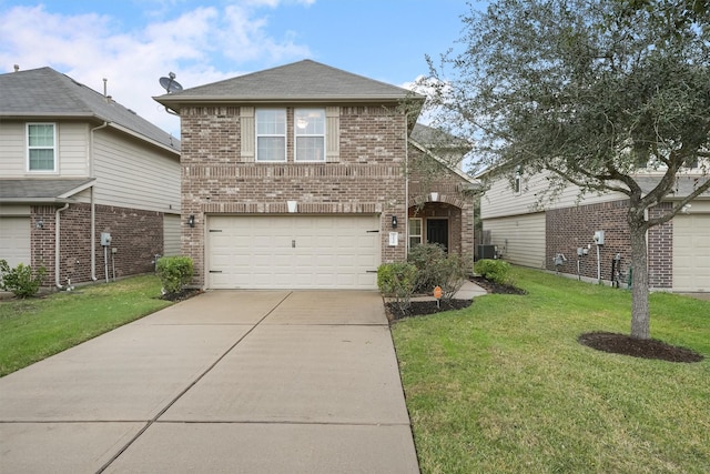 front facade with a garage, a front yard, and central air condition unit