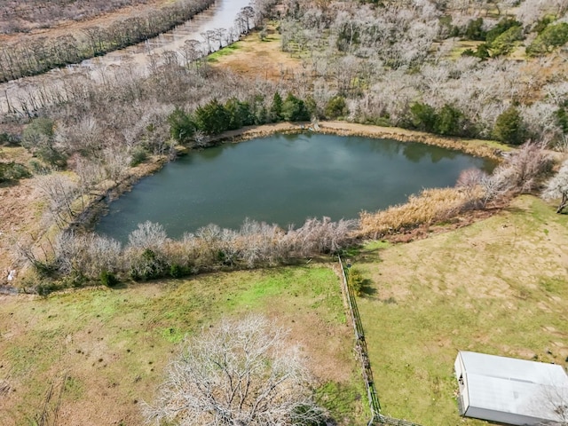 drone / aerial view with a water view