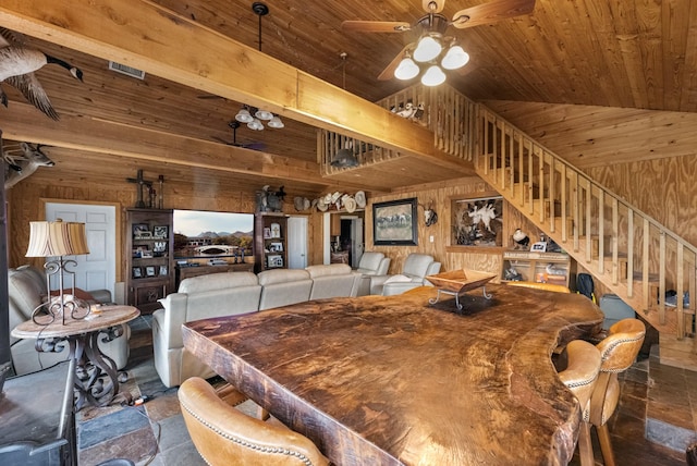 dining space with stairs, wood walls, wood ceiling, and a ceiling fan