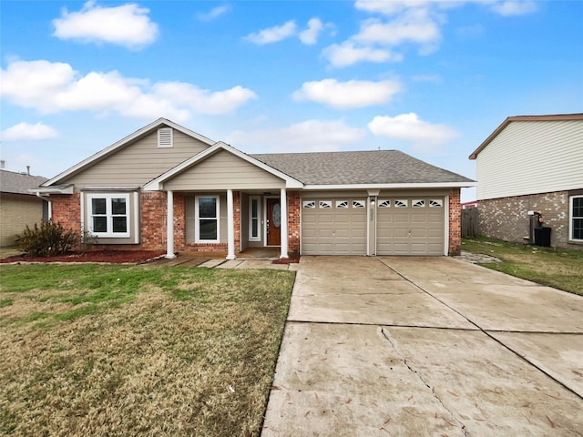 ranch-style house with a garage, a front yard, and a porch