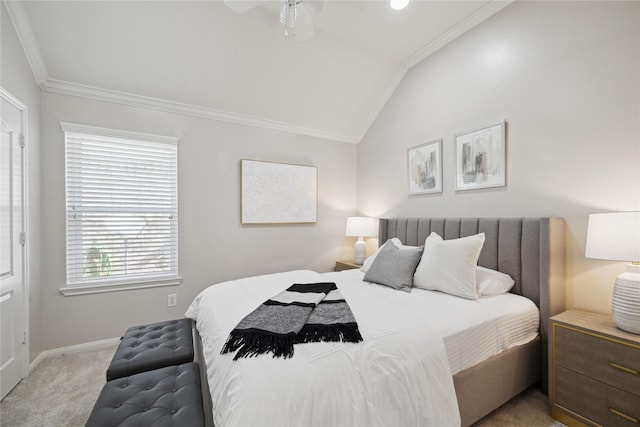 bedroom with vaulted ceiling, light colored carpet, and crown molding