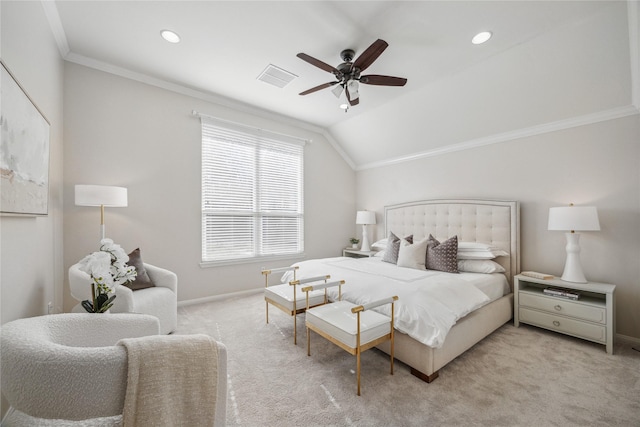 carpeted bedroom featuring crown molding, ceiling fan, and lofted ceiling