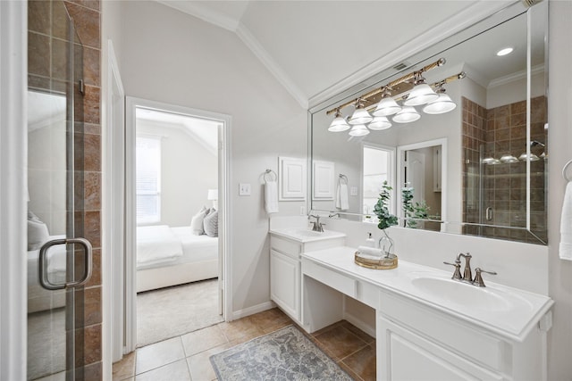 bathroom featuring crown molding, a shower with shower door, vanity, vaulted ceiling, and tile patterned floors