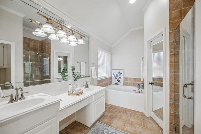 bathroom with lofted ceiling, crown molding, tile patterned flooring, vanity, and separate shower and tub