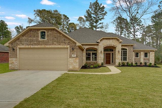 view of front of property with a garage and a front lawn