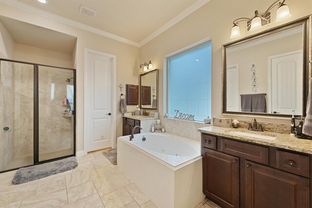 bathroom featuring vanity, ornamental molding, and plus walk in shower