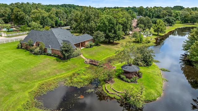 aerial view featuring a water view