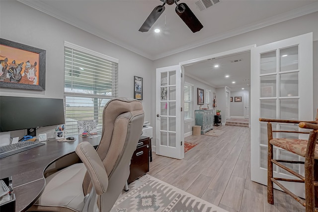 home office featuring ornamental molding, french doors, and ceiling fan