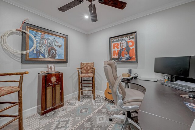 home office featuring crown molding and ceiling fan