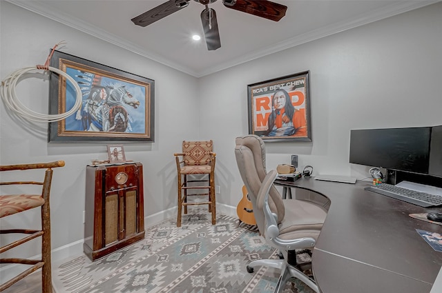 office space featuring crown molding and ceiling fan