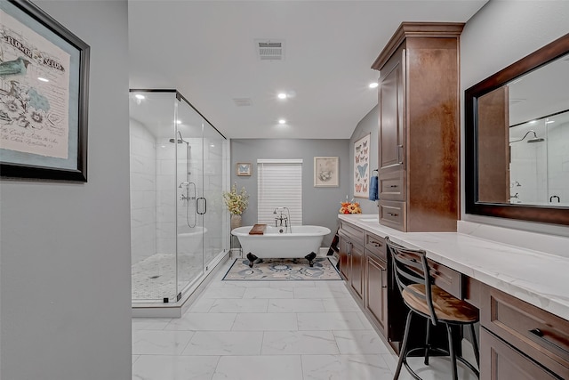 bathroom with vanity and plus walk in shower