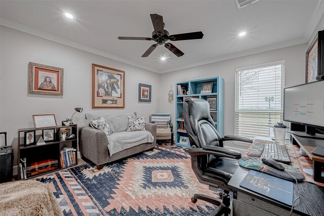 office area featuring crown molding and ceiling fan