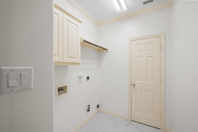 washroom with hookup for a gas dryer, ornamental molding, cabinets, hookup for a washing machine, and hookup for an electric dryer