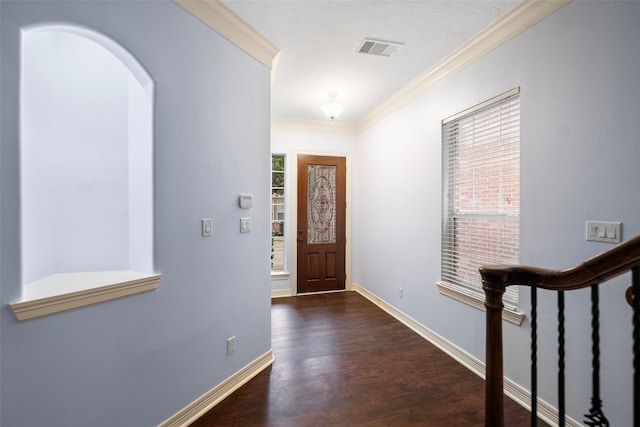 foyer featuring a wealth of natural light, ornamental molding, and dark hardwood / wood-style floors