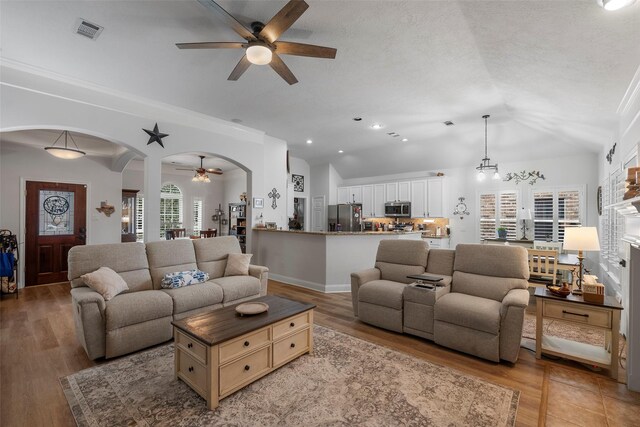 living room with lofted ceiling, ceiling fan, and light hardwood / wood-style flooring