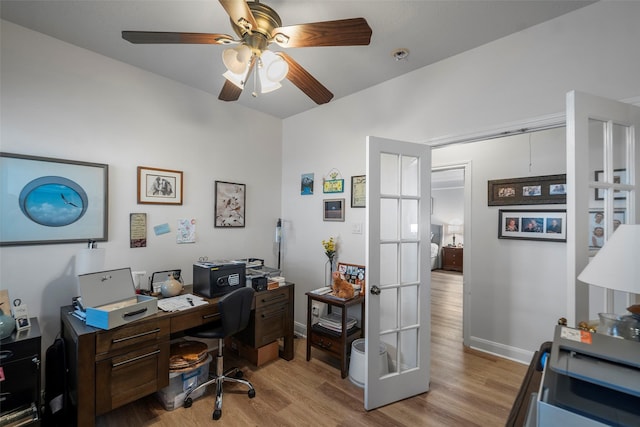 office area featuring ceiling fan and light hardwood / wood-style flooring