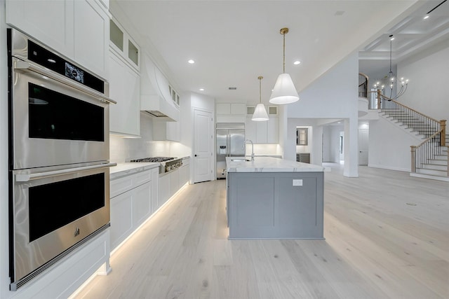 kitchen with stainless steel appliances, hanging light fixtures, a kitchen island with sink, and white cabinets