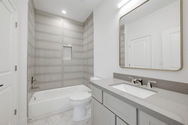 full bathroom featuring vanity, toilet, and  shower combination