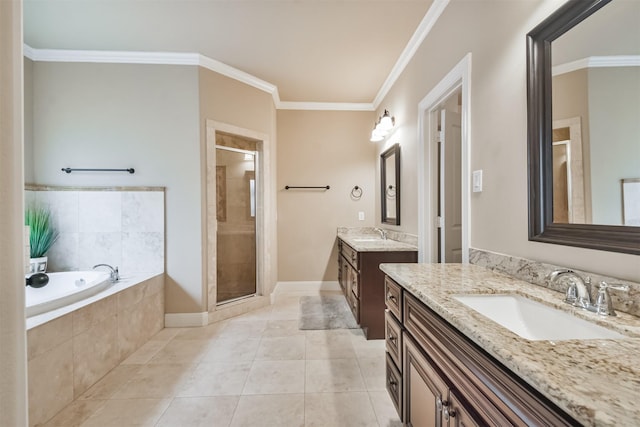 bathroom with tile patterned flooring, crown molding, vanity, and plus walk in shower