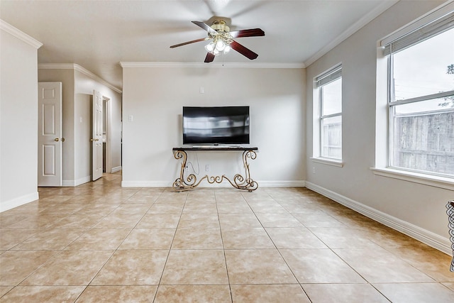 unfurnished living room with crown molding, ceiling fan, and light tile patterned floors