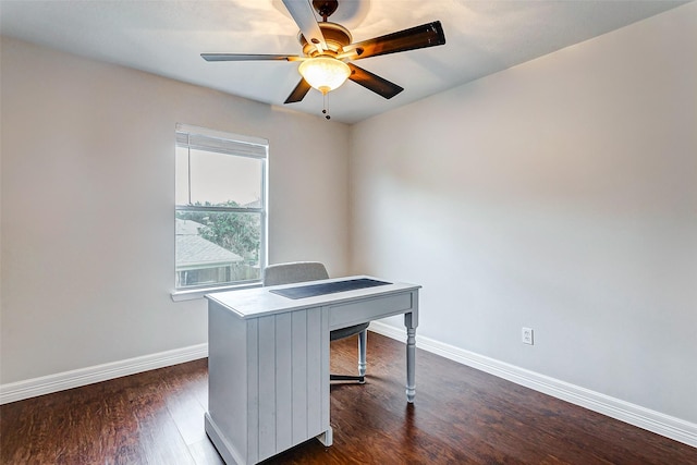 unfurnished office featuring ceiling fan and dark hardwood / wood-style flooring