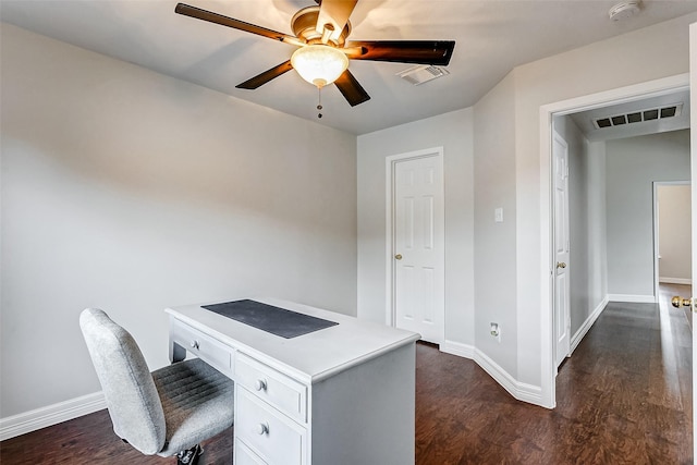 unfurnished office featuring ceiling fan and dark hardwood / wood-style flooring