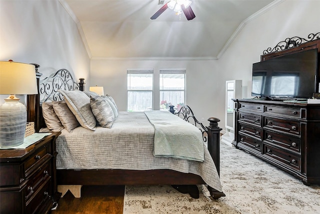 bedroom with light hardwood / wood-style flooring, crown molding, vaulted ceiling, and ceiling fan