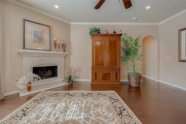 living room with dark wood-type flooring, ceiling fan, ornamental molding, and a premium fireplace