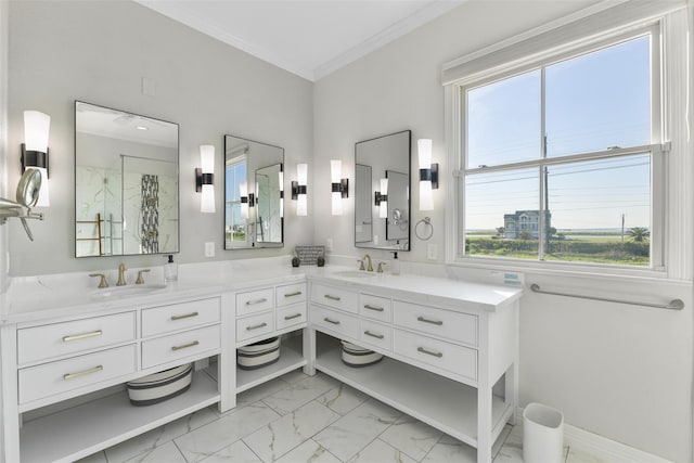 bathroom with vanity, a shower with shower door, and ornamental molding