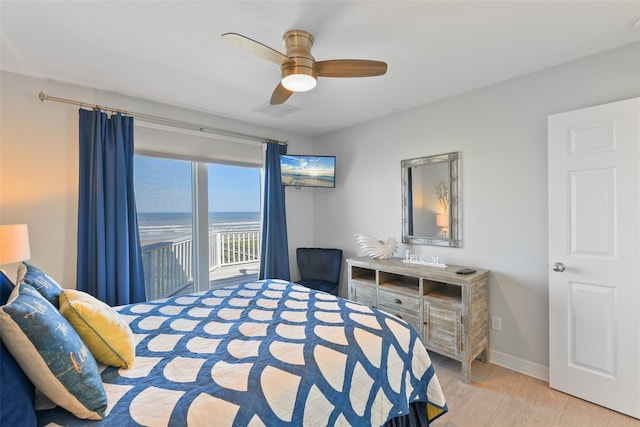 bedroom featuring ceiling fan, access to outside, and light hardwood / wood-style floors