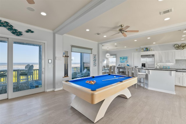 recreation room with crown molding, light hardwood / wood-style flooring, and billiards