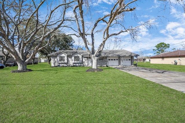 ranch-style home with a garage and a front lawn