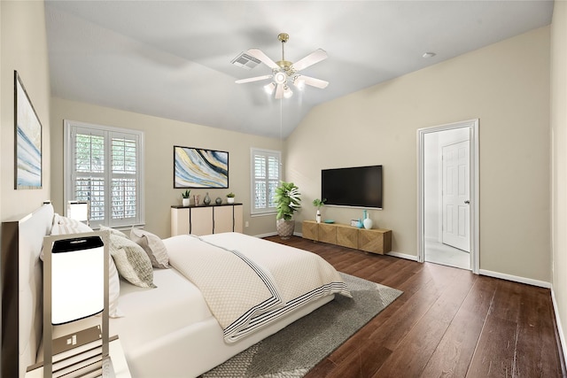 bedroom featuring lofted ceiling, dark wood-type flooring, and ceiling fan