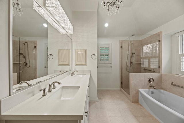 bathroom featuring vanity, independent shower and bath, and tile patterned flooring