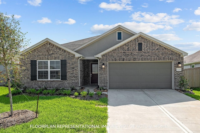 ranch-style home featuring driveway, brick siding, an attached garage, a front lawn, and stucco siding