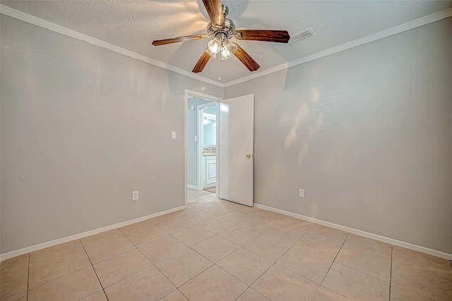 unfurnished room with crown molding, ceiling fan, and a textured ceiling