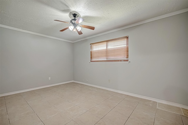 spare room with crown molding, ceiling fan, and a textured ceiling