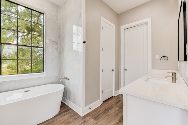 bathroom featuring vanity, a bath, hardwood / wood-style floors, and a healthy amount of sunlight