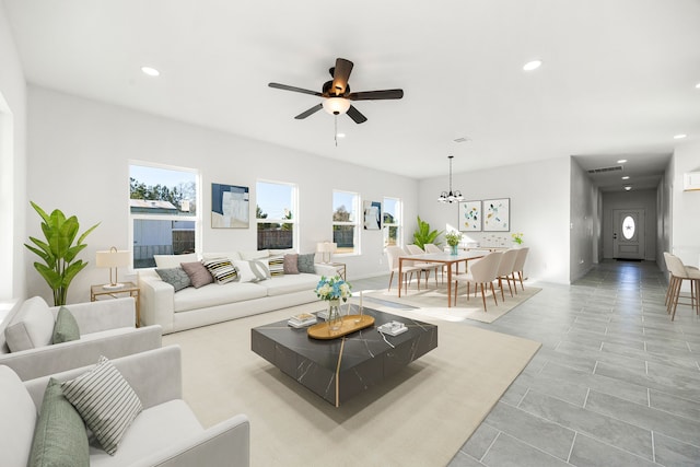 living room featuring ceiling fan