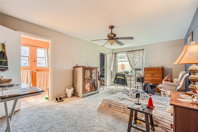 carpeted living room with ceiling fan and a textured ceiling