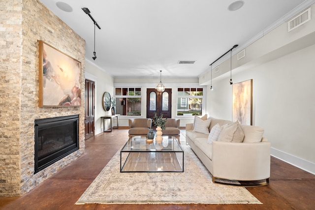 living room with crown molding