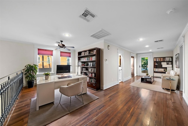 home office featuring crown molding, ceiling fan, dark hardwood / wood-style flooring, and a wealth of natural light