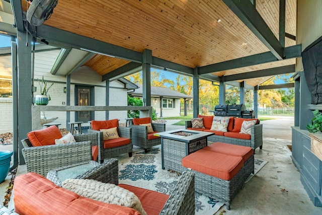 sunroom / solarium featuring wood ceiling and lofted ceiling with beams