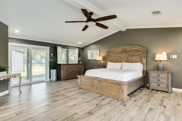 bedroom with lofted ceiling with beams, ornamental molding, access to exterior, and light hardwood / wood-style floors