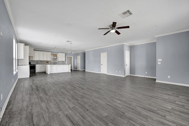 unfurnished living room with wood-type flooring, ceiling fan with notable chandelier, and crown molding