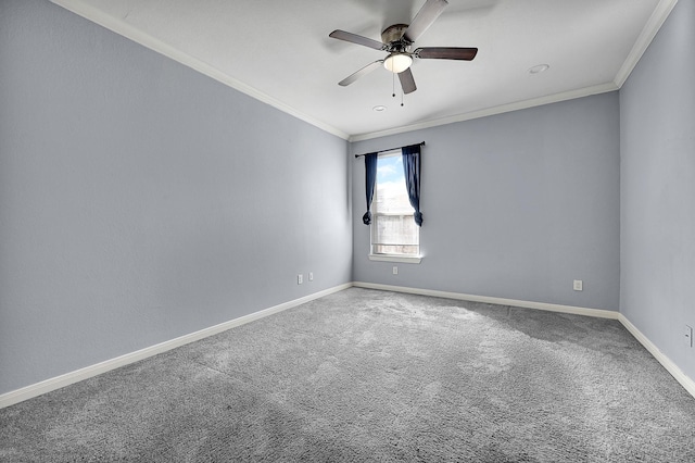 empty room with ornamental molding, ceiling fan, and carpet